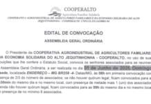 Edital de Convocação de Assembleia Geral Ordinária – Cooperativa Agroindustrial de Agricultores Familiares e da Economia Solidária do Alto Jequitinhonha – COOPERALTO