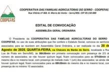 Edital de Convocação de Assembleia Geral Ordinária – Cooperativa das Famílias Agricultoras do Serro – COOPEFAS
