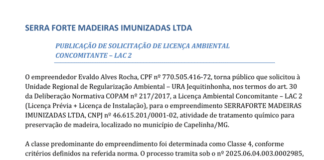 Publicação de Solicitação de Licença Ambiental Concomitante – LAC 2 – Serra Forte Madeiras Imunizadas LTDA