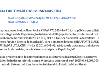 Publicação de Solicitação de Licença Ambiental Concomitante – LAC 2 – Serra Forte Madeiras Imunizadas LTDA