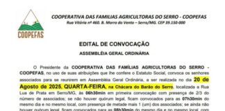 Edital de Convocação de Assembleia Geral Ordinária – Cooperativa das Famílias Agricultoras do Serro – COOPEFAS